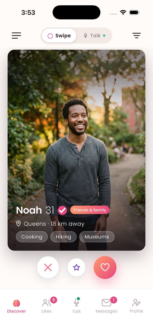 The Peatchy deck: one profile at a time, with the person's name, age, verified badge, neighbourhood and interests