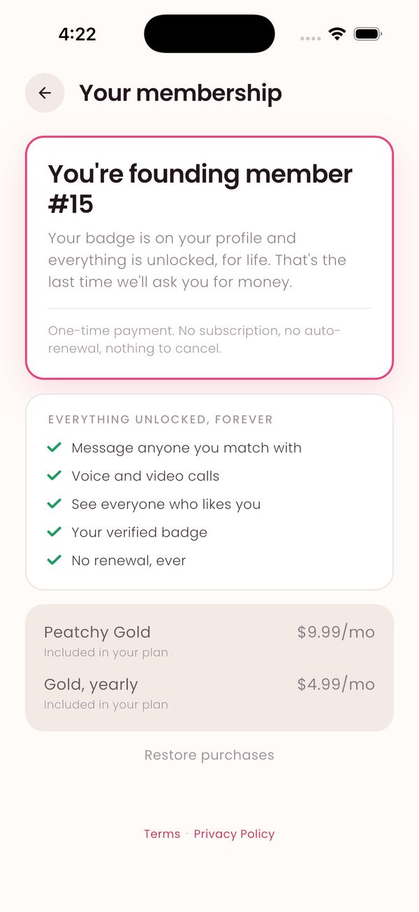 The membership screen, showing what Gold takes off and what it costs