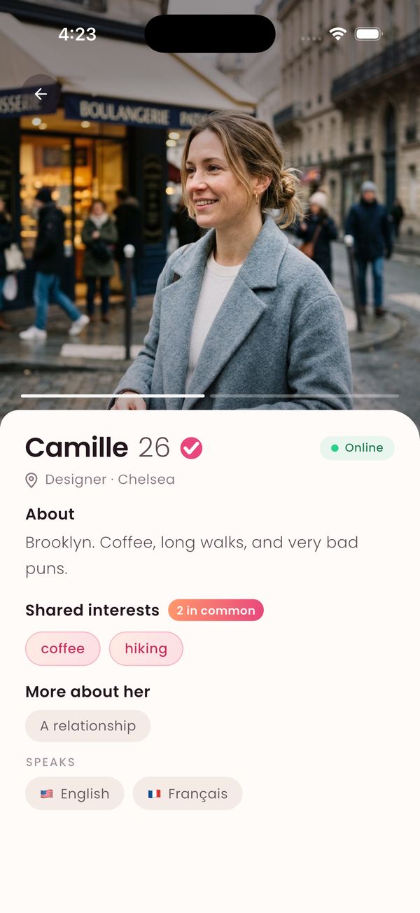 A profile after the selfie check, with the verified badge next to the name
