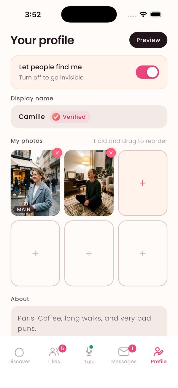 The profile editor: your photos in a grid, with prompts and details underneath